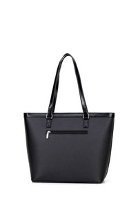 Černá taška přes rameno s hladkým povrchem, lesklými akcenty, dvěma pevným ušima a přední kapsou na zip. Obdélníkový design.