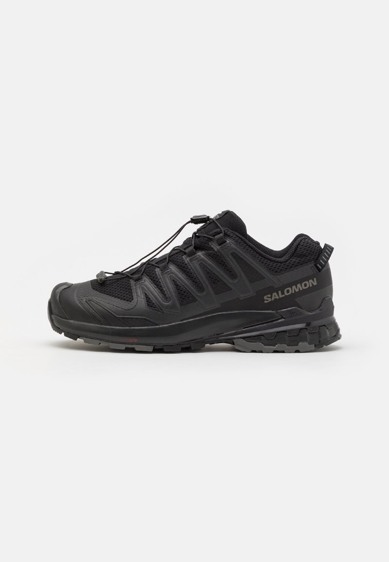 Black athletic shoes with a breathable mesh upper, rubber outsole, and quick-lace system. Features reinforced toe and textured accents.