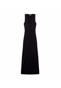 Robe maxi noire sans manches avec une silhouette ajustée. Conçue en tissu lisse et légèrement brillant, elle présente un col rond et aucun dispositif de fermeture visible.