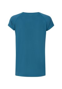 T-shirt teal à manches courtes en tissu doux, avec un col rond et une coupe décontractée agrémentée de détails de couture subtils.