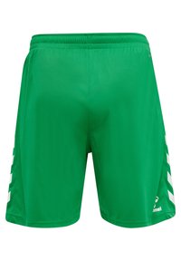Pantalones cortos deportivos verdes con una textura suave, cintura elástica y detalles blancos a los lados. Presentan un diseño ligero y transpirable.