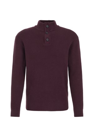 Pulover din tricou texturat în nuanță de vișiniu, cu guler înalt, placket cu trei butoane și manșete și tiv cu nervuri.