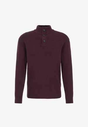 Maglione lavorato a maglia testurizzata color marrone scuro con colletto alto, patta con tre bottoni e polsini e orlo a coste.