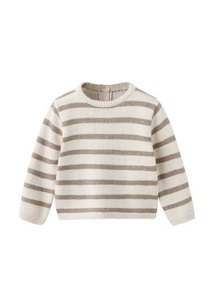 Pull enfant en maille à manches longues avec des rayures horizontales beige et blanches et un col rond sur fond blanc.