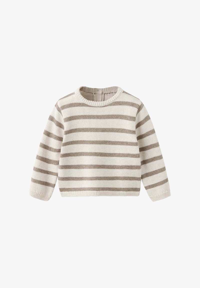 Pull enfant en maille à manches longues avec des rayures horizontales beige et blanches et un col rond sur fond blanc.