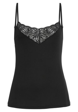 Zwarte camisole-top met verstelbare bandjes, voorzien van een kantinzetstukontwerp bij de halslijn. Gladde, rekbare stof biedt een aansluitende pasvorm.