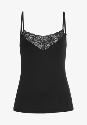 Black camisole top with adjustable straps, featuring a lace inset design at the neckline. Smooth, stretchy fabric offers a fitted shape.