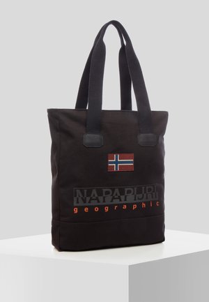 Sac tote Napapijri noir avec double poignée, présentant un petit écusson du drapeau norvégien et le nom de la marque avec le texte "geographic" à l'avant.