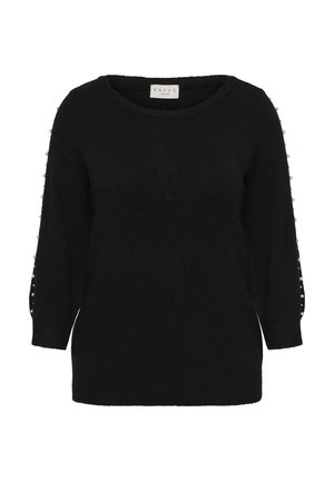 Schwarzer Strickpullover mit Rundhalsausschnitt und Dreiviertelärmeln, der dekorative Perlenakzente entlang der Ärmelnähte aufweist.