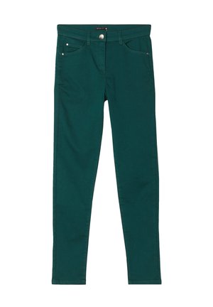 Groene katoen stretch broek met een slanke pasvorm, voorzien van riemlussen, vijf zakken en een voorknoopsluiting. Gladde textuur met contrasterende stiksels.