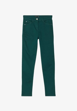 Groene katoen stretch broek met een slanke pasvorm, voorzien van riemlussen, vijf zakken en een voorknoopsluiting. Gladde textuur met contrasterende stiksels.