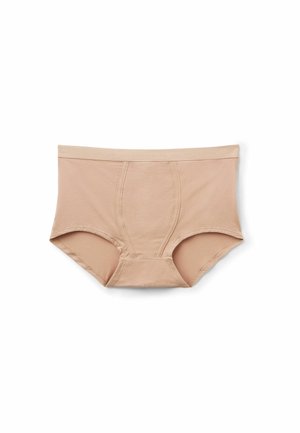 Beige cotton men's briefs with a contoured front panel and elastic waistband, laid flat on a white background.