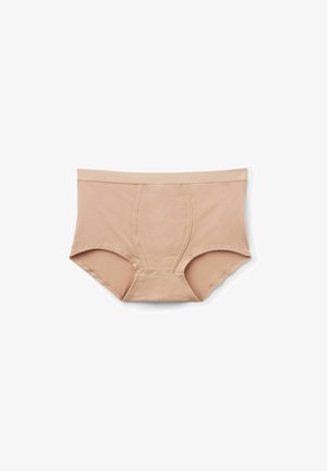 Beige cotton men's briefs with a contoured front panel and elastic waistband, laid flat on a white background.