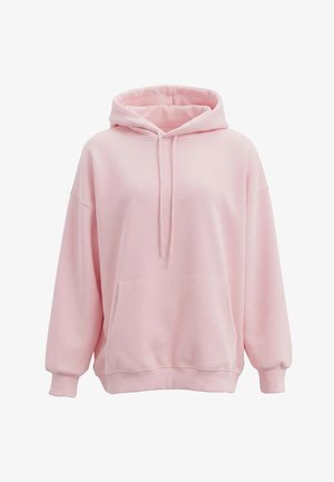 Miękka różowa bluza oversize z kapturem, kieszenią kangura z przodu, regulowanym sznurkiem w kapturze oraz prążkowanymi mankietami i dolnym ściągaczem.