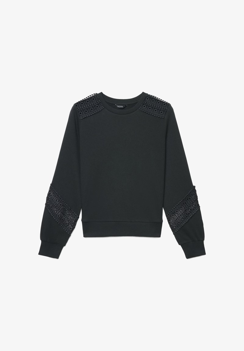 Sweat-shirt noir à manches longues avec panneaux de dentelle décorative sur les épaules et les manches, poignets côtelés et encolure ronde.