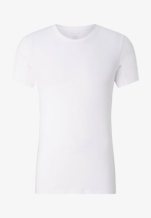 T-shirt bianco a maniche corte in un tessuto morbido e leggero. Presenta un collo rotondo e una forma aderente per una silhouette pulita.