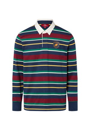 Langarm polo shirt in marineblauw, bordeauxrood, groen en gele strepen, met een witte kraag en een geborduurd logo op de linkerkant van de borst.