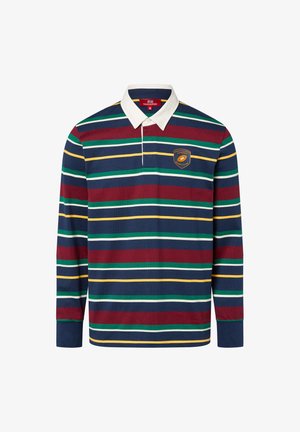 Langarm-Poloshirt in Marineblau, Burgunderrot, Grün und gelben Streifen, mit einem weißen Kragen und einem gestickten Logo auf der linken Brust.