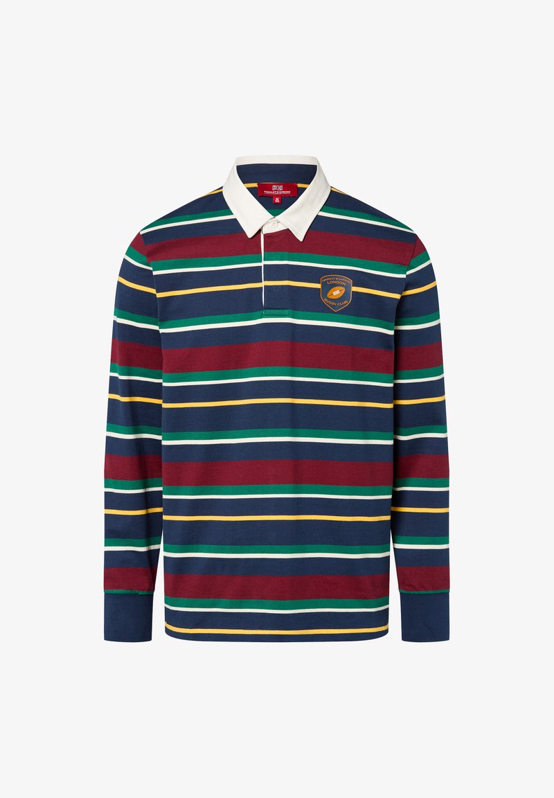 Langarm-Poloshirt in Marineblau, Burgunderrot, Grün und gelben Streifen, mit einem weißen Kragen und einem gestickten Logo auf der linken Brust.