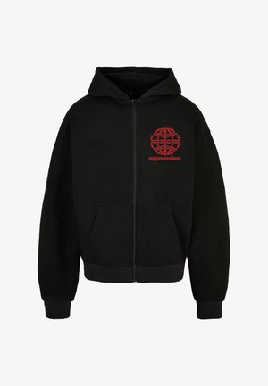 Czarna bluza z kapturem na zamek, wykonana z bawełny, z czerwoną grafiką globusa i tekstem na klatce piersiowej, z przednimi kieszeniami i ściągaczami na mankietach.