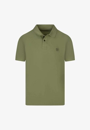 Polo a maniche corte verde oliva con due bottoni neri e piccolo logo circolare sul petto a sinistra.