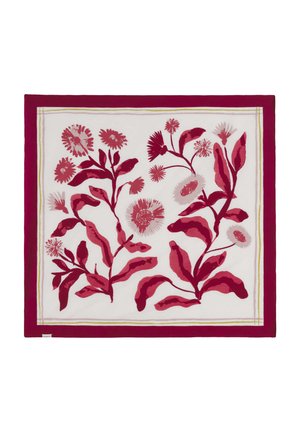 Négyzet alakú sál vörös és rózsaszín virágmintákkal fehér alapon, széles sötétvörös kerettel körülvéve.