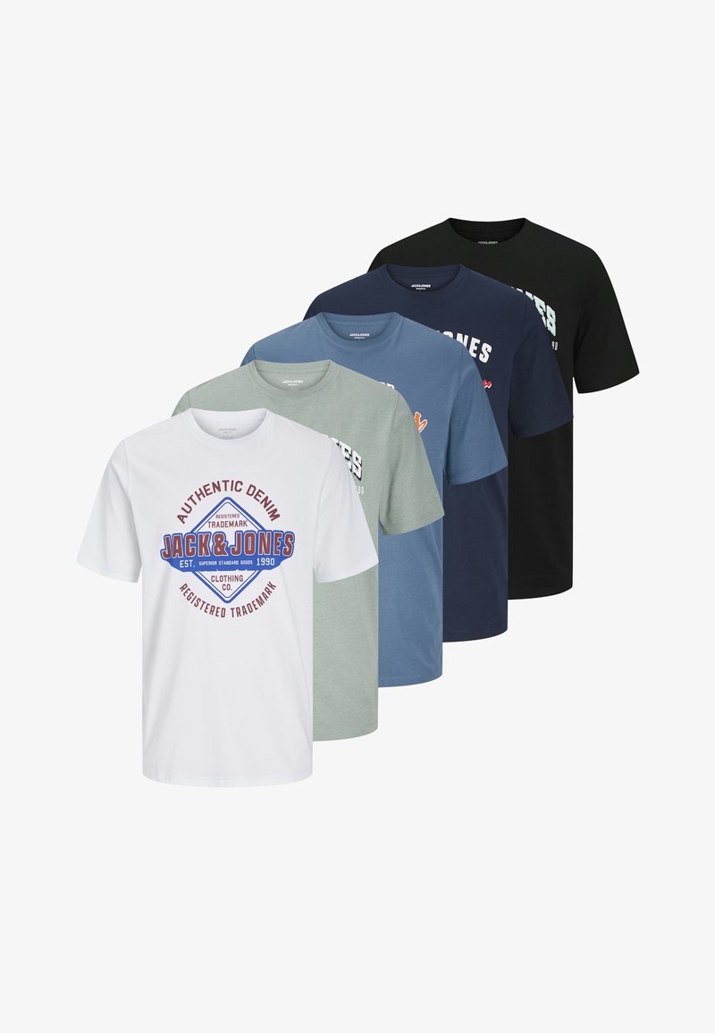 Set of five t-shirts in white, light green, blue, navy, and black. Each features a crew neck, short sleeves, and distinct printed designs.