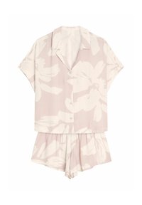 Krótki rękaw, koszulowy zestaw piżamowy w jasnoróżowym kolorze z białym, abstrakcyjnym wzorem florystycznym. Miękka tkanina, luźny krój, z guzikami na koszuli i elastycznym pasem.