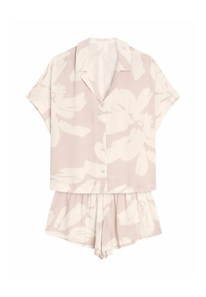 Krótki rękaw, koszulowy zestaw piżamowy w jasnoróżowym kolorze z białym, abstrakcyjnym wzorem florystycznym. Miękka tkanina, luźny krój, z guzikami na koszuli i elastycznym pasem.