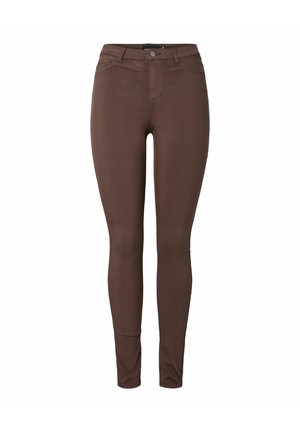 Jean skinny marron en tissu extensible mélange de coton, avec une fermeture classique à zip et bouton, et un design à cinq poches.