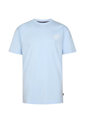 T-shirt bleu clair à manches courtes et coupe décontractée avec petit texte blanc "LA PAZ" et graphique de palmier sur la poitrine gauche.