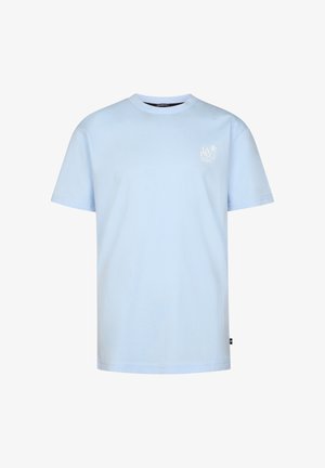 T-shirt azzurro chiaro a maniche corte, vestibilità rilassata, con piccola scritta bianca "LA PAZ" e grafica di palma sul petto, lato superiore sinistro.