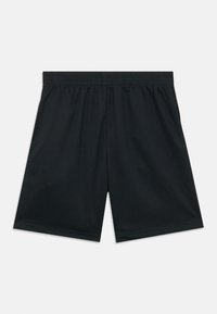 Fekete sport rövidnadrág sima anyagból, rugalmas derékpánttal és egyszerű, egyenes szabással, további részletek vagy minták nélkül.