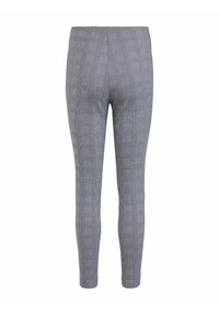 Pantalon gris à carreaux à coupe slim avec jambes fuselées et taille haute, vu de dos sur un fond blanc.