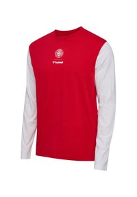 Rotes Sportshirt mit langen Ärmeln und weißen Ärmeln, Logo des Dänischen Fußballverbands und Hummel-Markenzeichen auf der Brust.