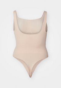 Telový bodysuit s hlbokým výstrihom, tenkými ramienkami a vysokým vykrojením nohavičiek. Vyrobený z hladkého, elastického materiálu s bezšvovým dizajnom.