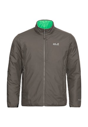 Gepolsterte Jacke in Dunkelgrau mit grünem Innenfutter, hohem Kragen, Frontreißverschluss und zwei Seitentaschen. Mit Logo auf der Brust und strukturiertem Stoff.