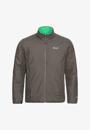 Gepolsterte Jacke in Dunkelgrau mit grünem Innenfutter, hohem Kragen, Frontreißverschluss und zwei Seitentaschen. Mit Logo auf der Brust und strukturiertem Stoff.