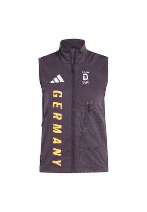 Sleeveless dark vest with front zipper, "GERMANY" in yellow vertical text, Adidas logo, Team D Olympic emblem, and zippered right pocket with pattern.