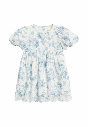 Weißes Babykleid mit Puffärmeln, blauem Blumenmuster, geraffter Taille und besticktem Wellensaum.