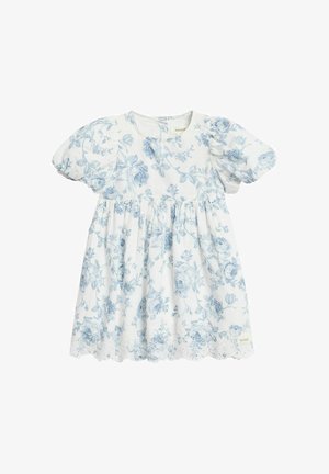 Weißes Babykleid mit Puffärmeln, blauem Blumenmuster, geraffter Taille und besticktem Wellensaum.