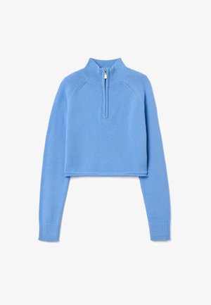Blauer, lässiger Pullover mit hohem Kragen und halblanger Reißverschlussöffnung. Verfügt über lange Ärmel und gerippte Bündchen. Weiche, gestrickte Textur.