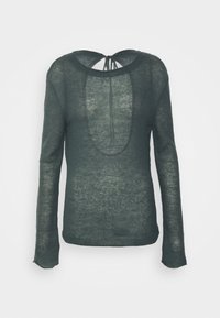 Dark green long-sleeve sheer knit top with an open back featuring a tie closure at the neckline on a plain white background.