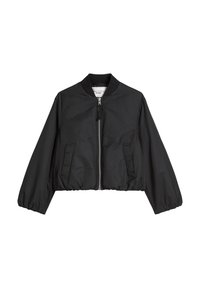 Zwarte cropped bomberjack met een ritssluiting aan de voorkant, elastische manchetten en twee zijzakken. Gemaakt van gladde, lichtgewicht stof.