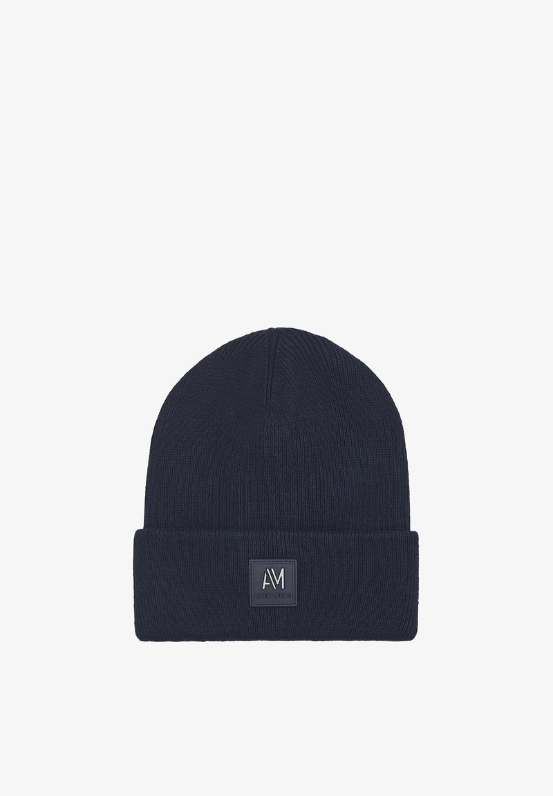 Dark blue knit beanie with a folded brim and a square logo patch on the front center.