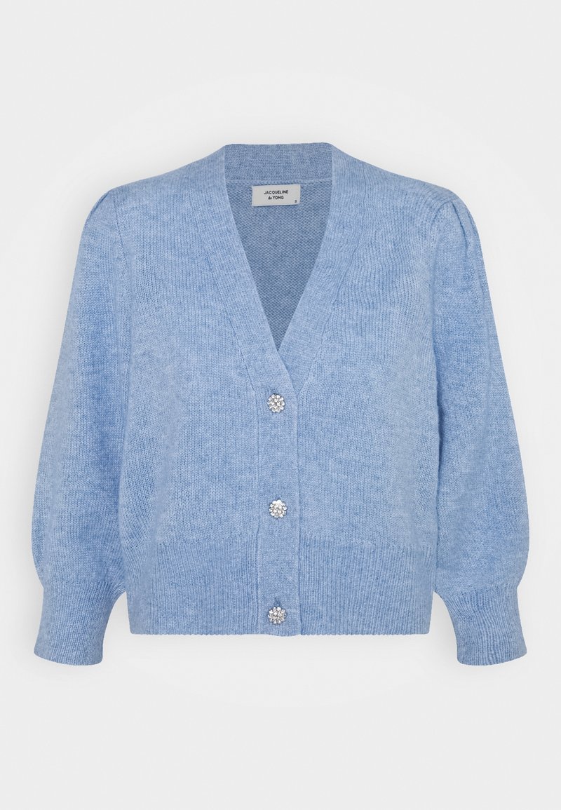 Light blue knit cardigan with a v-neck, puffed sleeves, and five decorative buttons featuring a floral design. Soft texture, ribbed cuffs.