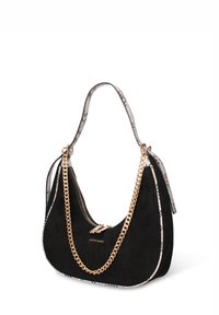 Borsa a tracolla in suede nero con rifiniture in stampa serpente, dettaglio catena dorata, chiusura con cerniera e logo "pierre cardin" sul davanti.