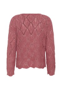 Pull rose tricoté à manches longues avec un motif en dentelle diamant, vu de dos sur fond blanc.