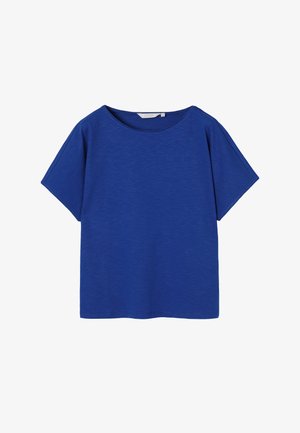 T-shirt blu a maniche corte con scollo tondo, vestibilità comoda, tessuto leggermente strutturato e design semplice.