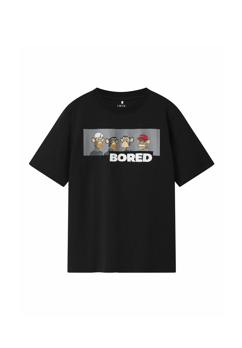 Sort t-shirt med et grafisk tryk på forsiden af tegneserie-aber og ordet "BORED" i fede hvide bogstaver under billedet. Korteærmer, rund halsudskæring.